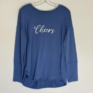 New Directions Studio Cheers Top Womens Small Blue Long Sleeve Graphic Hi Low